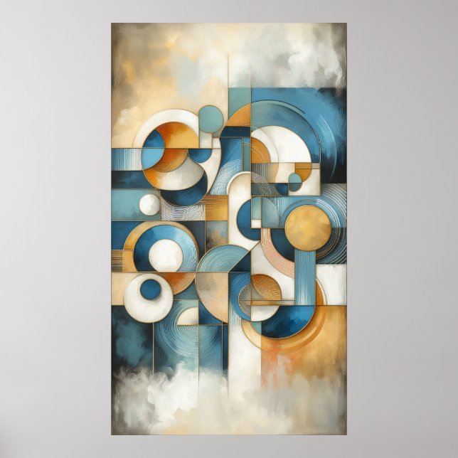 Poster Abstrato Dourado branco azul geométrico (Frente)