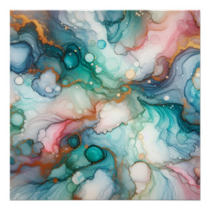 Póster Abstrato em Rosa, Azul Turquesa, Azul e Dourado