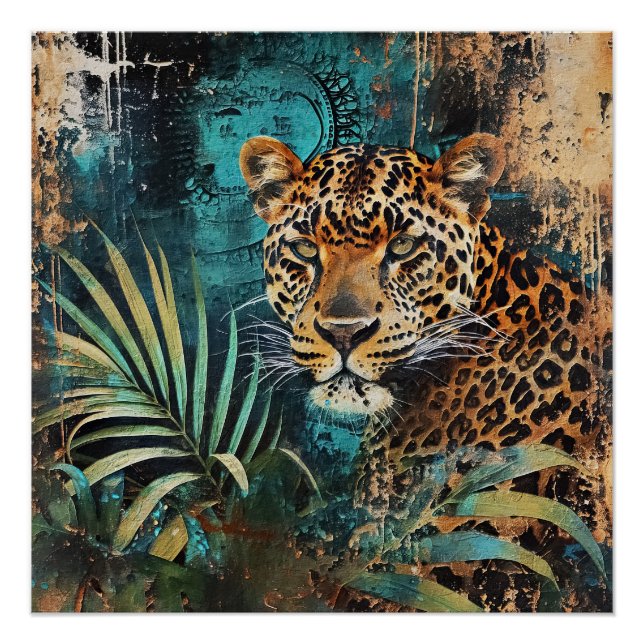 Póster Abstrato Emerald Jungle Cat Landscape (Frente)