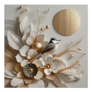 Póster Abstrato Florais e pássaro com o Sol: Dourado, bra