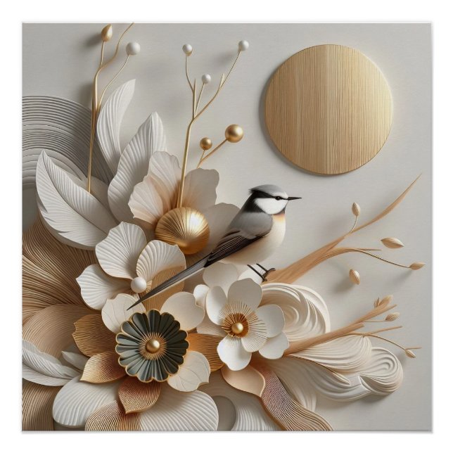 Póster Abstrato Florais e pássaro com o Sol: Dourado, bra (Frente)