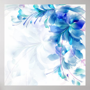 Poster Abstrato Floral Fundo Azul E Branco