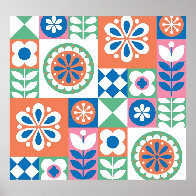 Poster Abstrato Floral, Scandinávia Folk Design. (Frente)