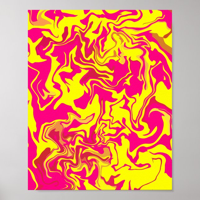 Poster Abstrato Fluid Art com espirais amarelas e rosa (Frente)