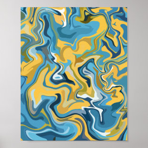 Poster Abstrato Fluid Art com espirais azuis e amarelas