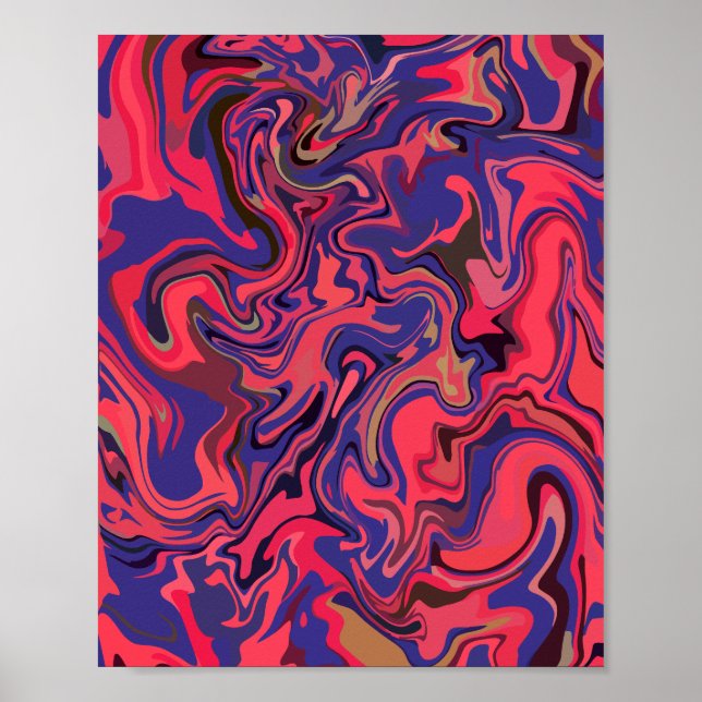 Poster Abstrato Fluid Art com Vermelho e Azul Profundo (Frente)