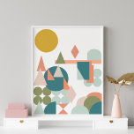 Poster Abstrato Forma Paisagem Azul Geométrico Azul<br><div class="desc">Um padrão lúgubre de formas geométricas formando uma paisagem abstrato em uma paleta de cor suave,  mostarda,  coral,  pincel e musgo.</div>