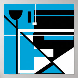 Poster Abstrato Geométrico Branco Preto no Azul Médio