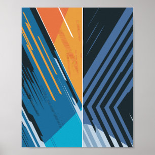 Poster Abstrato Geométrico Dinâmico em Azul e Laranja