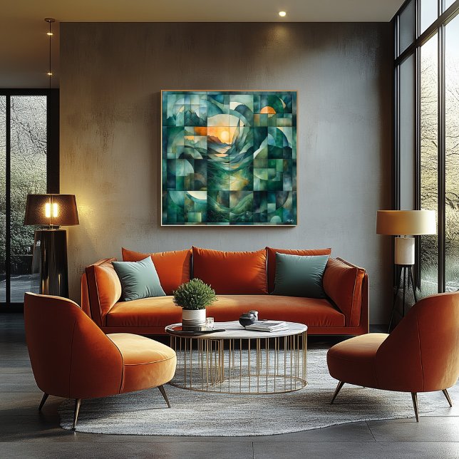 Póster Abstrato Geométrico Paisagem Art - Verde e Laranja (Criador carregado)