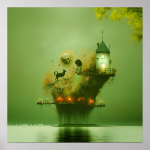 Poster Abstrato Horns Cat Green Witchy AI Art Matvalue