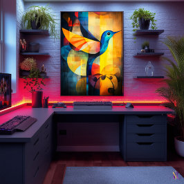 Poster Abstrato Hummingbird Art - Pássaro Geométrico