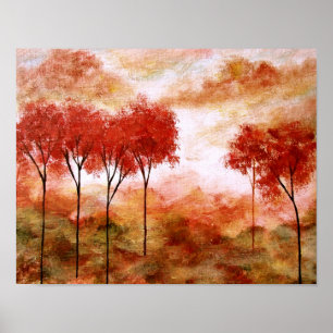 Póster Abstrato Landscape Art, Red Skinny Trees Autumn