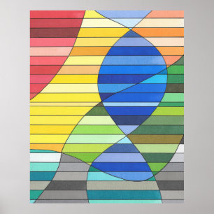 Poster Abstrato Listrado com Formas Amarelas e Azuis