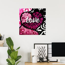 Poster Abstrato Love Heart Pink Floral Bolinhas Pretas