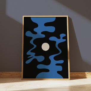 Poster Abstrato Lua Forma Parede Azul Preto Moderno Muro