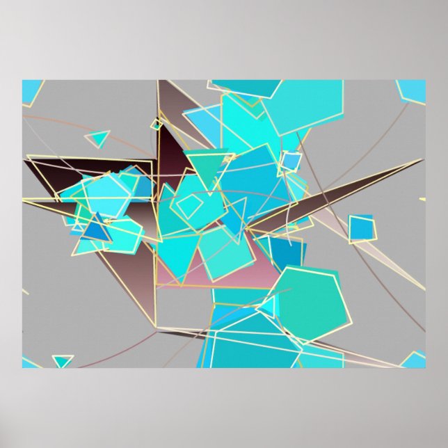 Póster Abstrato moderno - Geométrico, Cinzas e Turquesa (Frente)