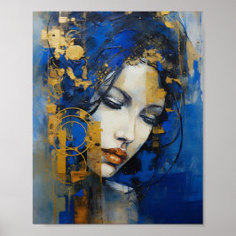 Poster Abstrato, mulher de arte moderna, azul e ouro