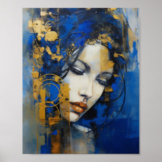 Poster Abstrato, mulher de arte moderna, azul e ouro