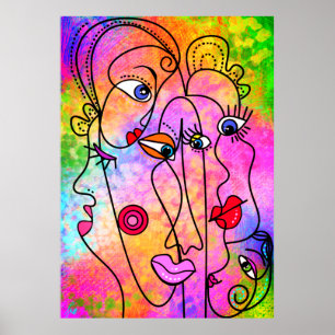 Poster Abstrato Mulheres Enfrentam Estilo de Cubismo Post
