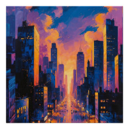 Póster Abstrato Neon City Skyline Sunset Glow Arte Digita
