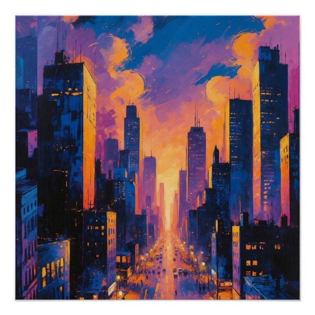 Póster Abstrato Neon City Skyline Sunset Glow Arte Digita (Frente)
