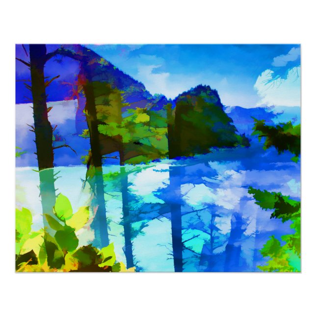 Póster Abstrato Oceano e Montanhas Poster brilhante (Frente)