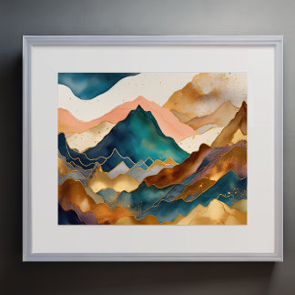 Poster Abstrato Paisagem Paisagem Dourada Peach Blue