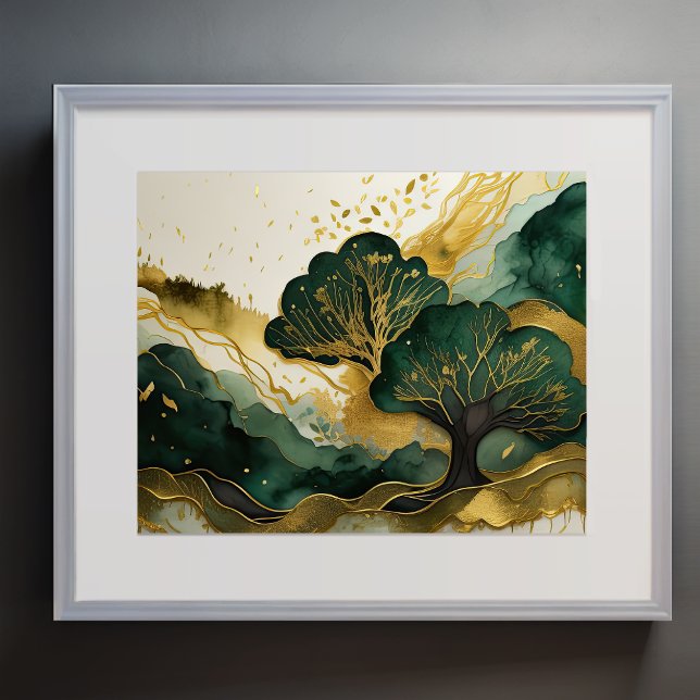 Poster Abstrato Paisagem Paisagem Dourada Verde (Criador carregado)