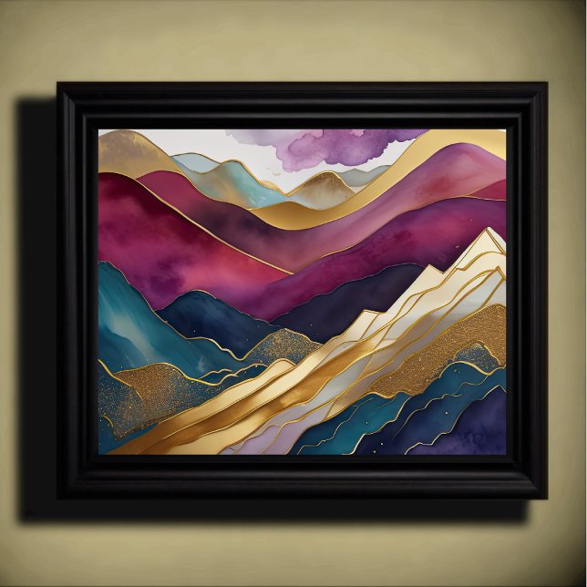 Poster Abstrato Paisagem Pintura Dourada Púrpura Azul (Criador carregado)