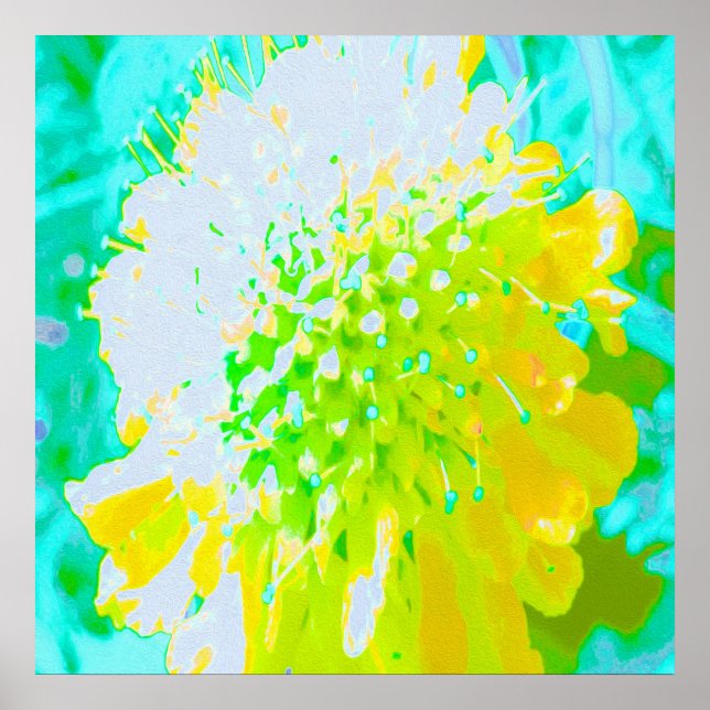 Poster Abstrato Pincushion Fllower em amarelo e verde (Frente)
