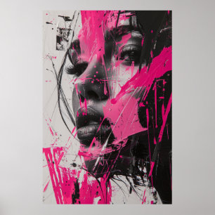 Poster Abstrato, pintura a branco-preto, cor-de-rosa, da