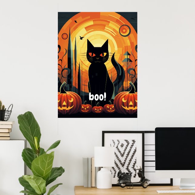 Poster Abstrato preto de Halloween e Design de abóbora (Escritório em casa)