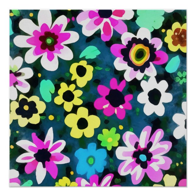 Póster Abstrato Retro Boho Spring Flowers Viva Magenta (Frente)