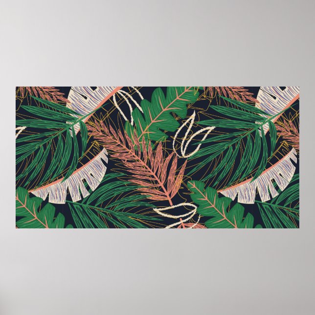 Poster Abstrato sem costura com folhas tropicais em (Frente)