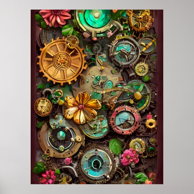 Poster Abstrato Surreal Gears Flowers Steampunk Art (Frente)