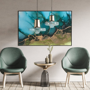 Poster Abstrato Teal Aqua Verde Preto Dourado Grande Post