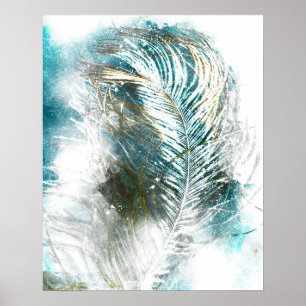 Poster Abstrato Teal e pintura de penas brancas