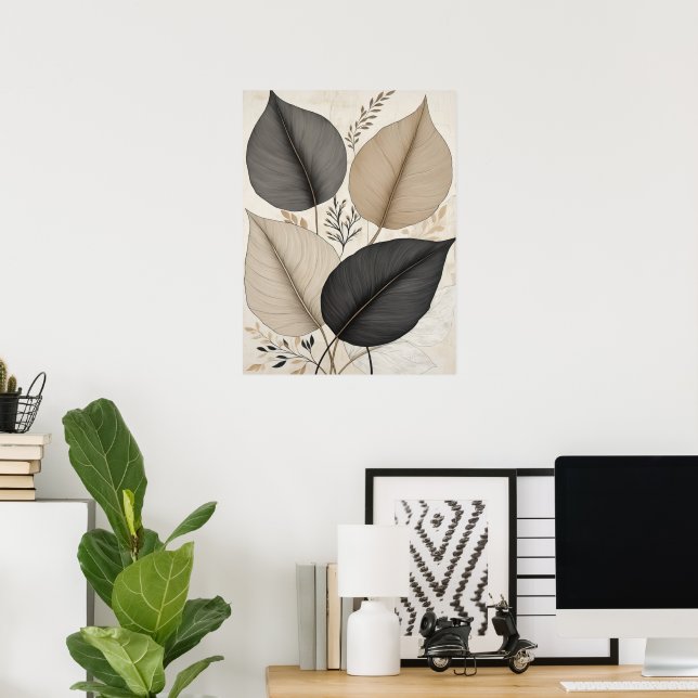 Poster Abstrato Terrestre Deixa Botânica Neutra (Escritório em casa)