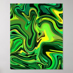 Poster Abstrato Verde e Design de Fluidos Amarelos