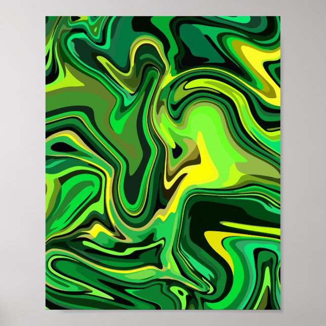 Poster Abstrato Verde e Design de Fluidos Amarelos (Frente)