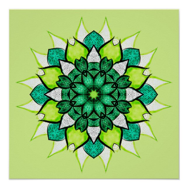 Póster Abstrato Verde Flor Mandala (Frente)