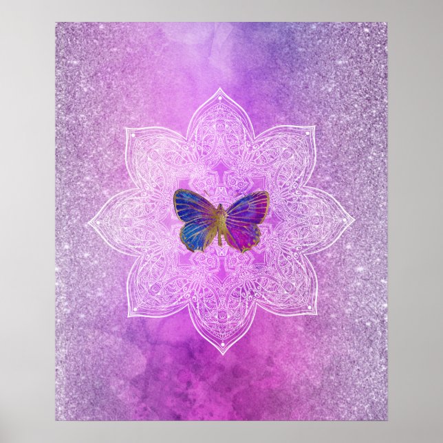 Poster *~* Abstrato Watercolor Glitter Mandala Butterfly (Frente)