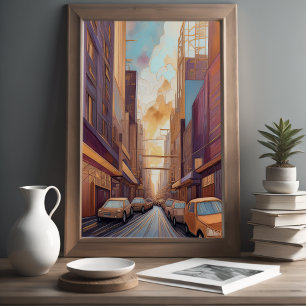 Poster Abstrato Watercolor Painting Dourada Cityscape 3:2