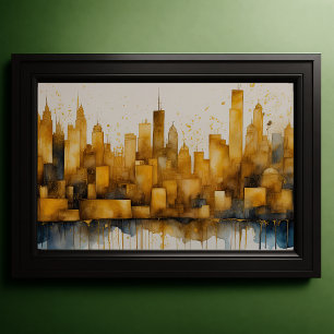 Poster Abstrato Watercolor Painting Dourada Cityscape 3:2