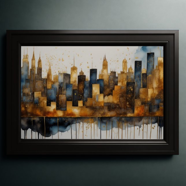 Poster Abstrato Watercolor Painting Dourada Cityscape 3:2 (Criador carregado)
