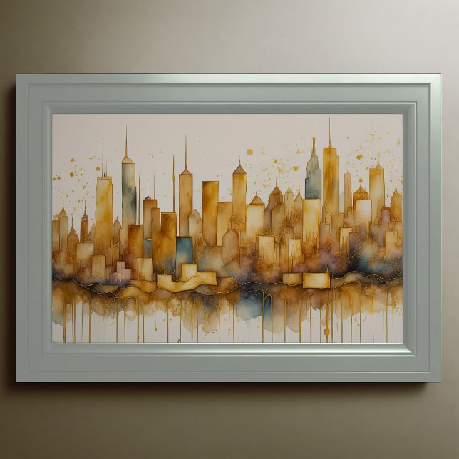 Poster Abstrato Watercolor Painting Dourada Cityscape 3:2 (Criador carregado)
