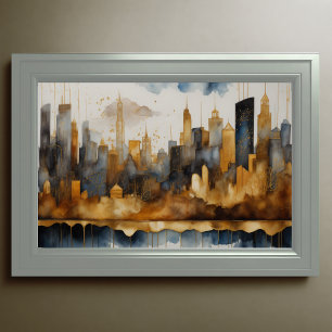 Poster Abstrato Watercolor Painting Dourada Cityscape 3:2