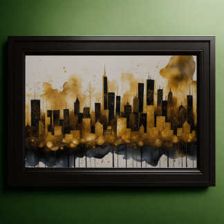 Poster Abstrato Watercolor Painting Dourada Cityscape 3:2