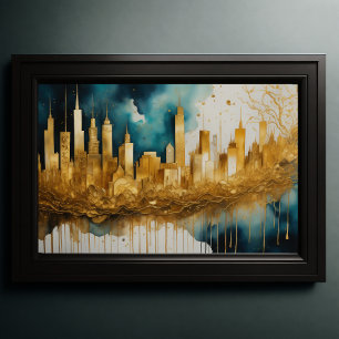 Poster Abstrato Watercolor Painting Dourada Cityscape 3:2